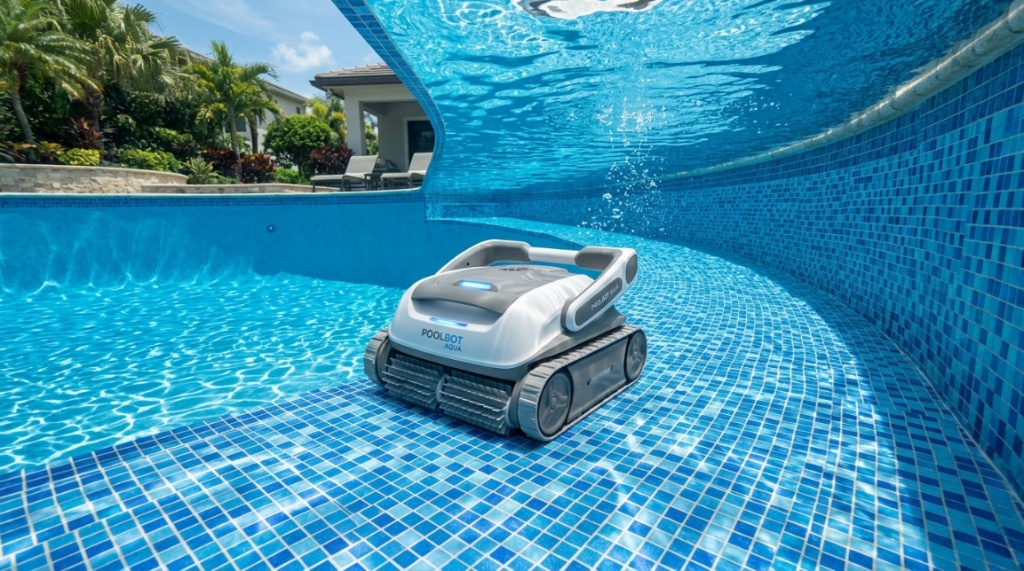Cordless robotic pool cleaner scrubbing a clear residential swimming pool.