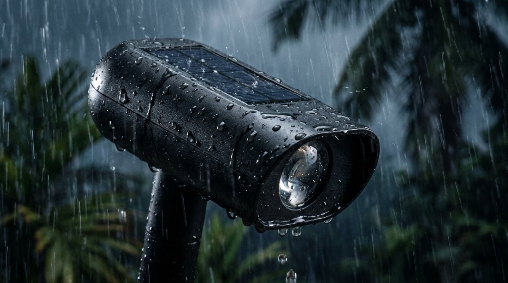 Durable black solar torch light head enduring a heavy tropical rainstorm.