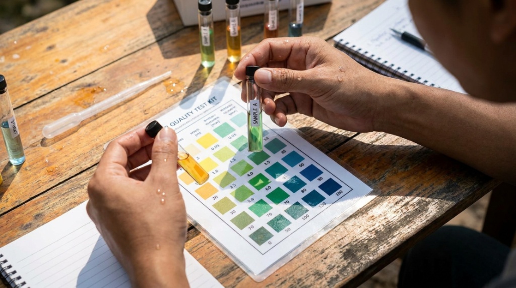 Hands matching water sample colors on test chart.