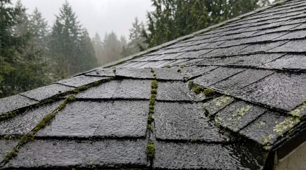 Moss buildup and clogged gutters on Seattle residential roof