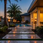 Glowing waterproof solar garden torch lights illuminating a modern patio pathway at dusk.