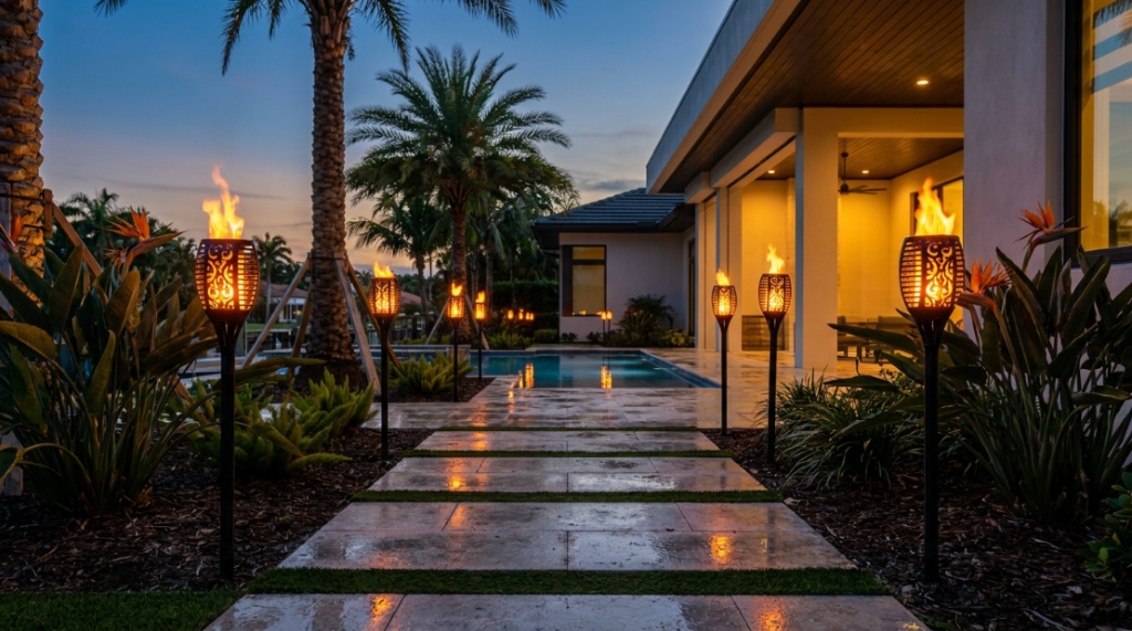 Glowing waterproof solar garden torch lights illuminating a modern patio pathway at dusk.